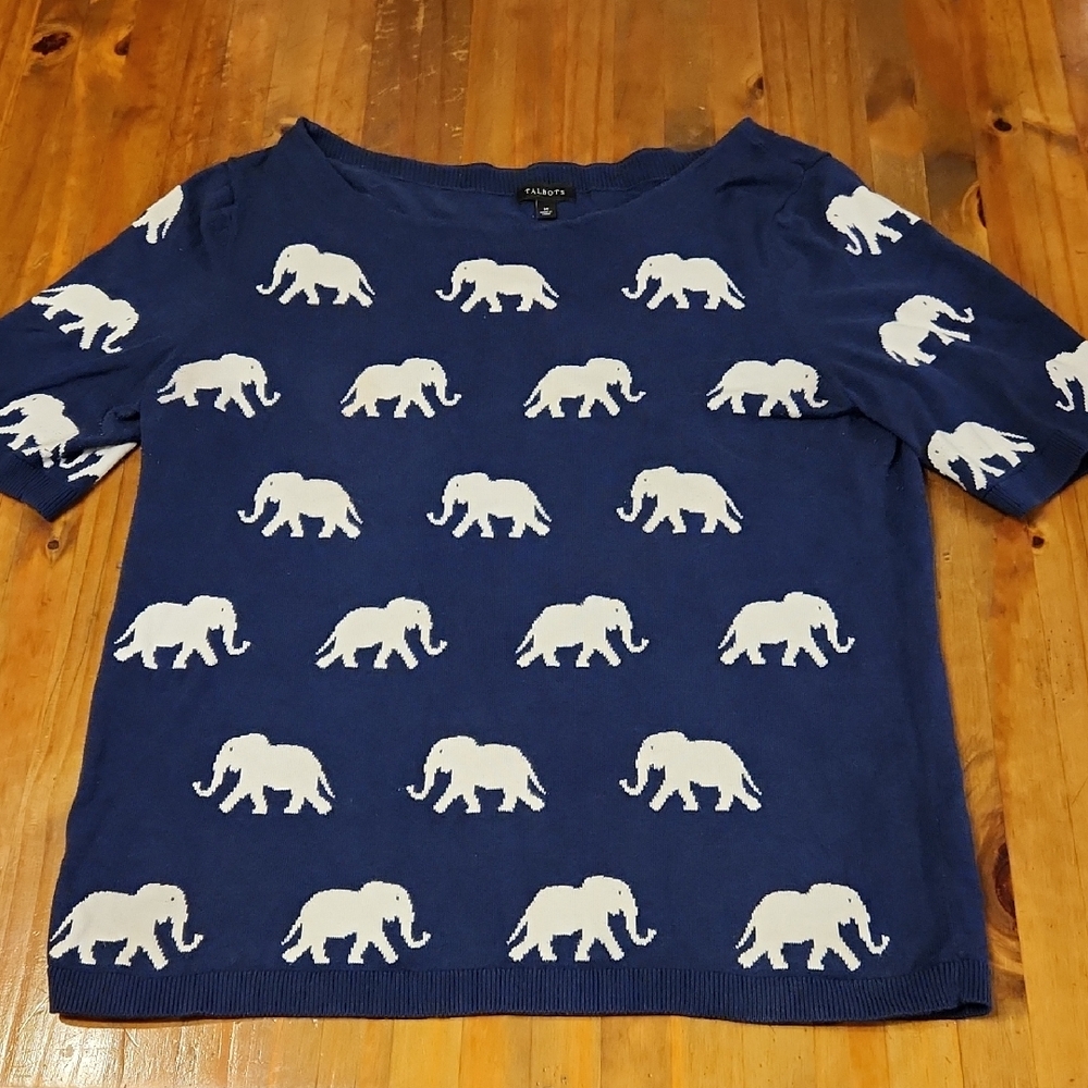 Talbots Navy Blue Elephant Print Blouse - Picture 2 of 4